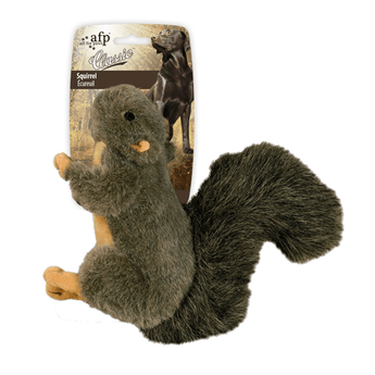 Grey Squirrel plush dog toy with a darker grey fluffy tail pictured on a cardboard backing which has a brown Labrador pictured on it with white text 'All for Paws, Classic' and 'Squirrel'.