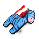 Blue Zebra dog toy with black trimming, a orange rope tail and mane with a pink muzzle which features a smile. Lying on a white background.
