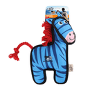 Blue Zebra dog toy with black trimming, a orange rope tail and mane with a pink muzzle which features a smile. Packaged on a backing card on a white background.