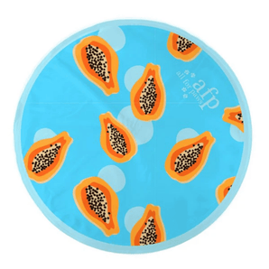 Blue circular cooling mat with orange papaya fruit pattern on a white background.