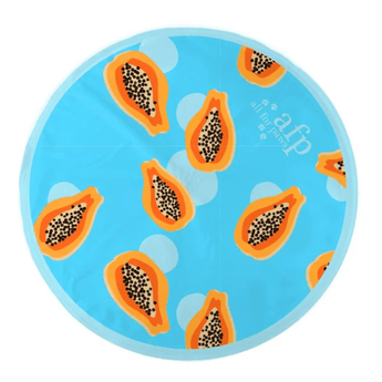 Blue circular cooling mat with orange papaya fruit pattern on a white background.
