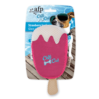 Pink ice lolly plush dog toy with white melted effect pictured on cardboard backing which has a Jack Russell dog with sunglasses on. Packaging text says 'strawberry Ice Cream' and 'soak in water' pictured on a white background.