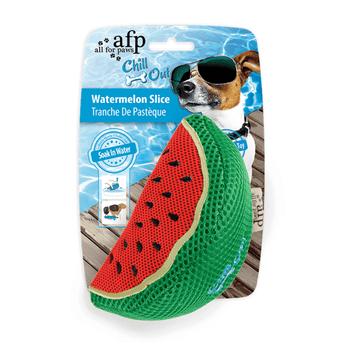 Watermelon plush dog toy pictured on cardboard backing which has a Jack Russell dog with sunglasses on. Packaging text says 'Watermelon Slice' and 'soak in water' pictured on a white background.