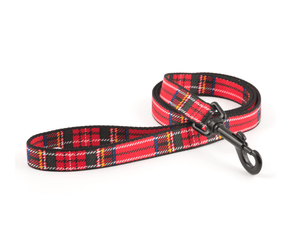 White background with a red tartan dog lead with a black metal clip.