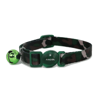 White background with a Ancol Green camouflage cat collar with a dark green plastic safety buckle and a green bell pictured.