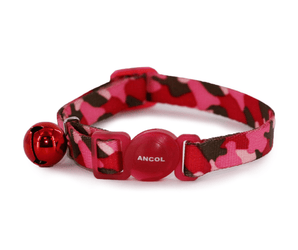 White background with a Ancol Pink camouflage cat collar with a red plastic safety buckle and a red bell pictured.