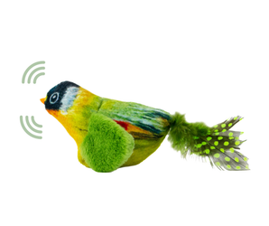 An Ancol green chirping Greenfinch bird shaped plush cat toy, shown on a white background.