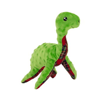 White background with a green Ancol Lottie the Loch Ness Monster dog toy with a red plaid underside.