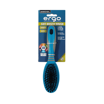 White background with a small blue and grey Ergo Soft Bristle Brush for dogs attached to a cardboard packaging.