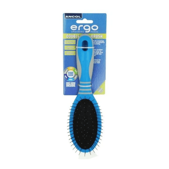 White background with a small blue and grey Ergo Soft Bristle Brush for dogs attached to a cardboard packaging.