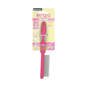 White background with a pink and grey Ergo Cat Fine Comb with metal teeth, attached to a cardboard backing.