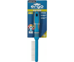 White background with a blue and grey Ergo Flea Comb with metal teeth, attached to a cardboard backing.