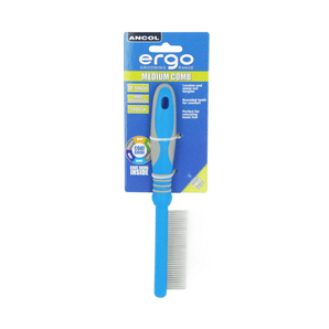 White background with a blue and grey Ergo Medium Comb with metal teeth, attached to a cardboard backing.
