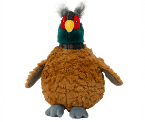 An Ancol Heritage plush pheasant toy with brown shaggy body feathers, a dark green neck, red face, yellow beak, and grey feet, isolated on a white background.