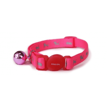 An Ancol bright pink adjustable cat collar with a small gold bell and grey reflective silhouette cat pattern, shown on a plain white background.