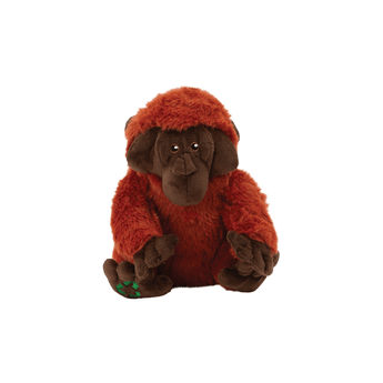 An Ancol plush dog toy mini orangutan, with reddish-brown fur, a dark brown face and hands, photographed on a plain white background.
