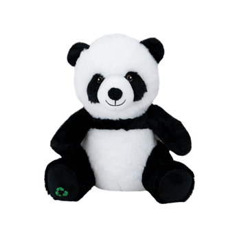 An Ancol 'Made From' Plush panda dog toy with a recycle symbol on it's foot, pictured on a white background.