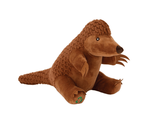 An Ancol 'Made From' brown plush pangolin, posed sitting on a plain white background.