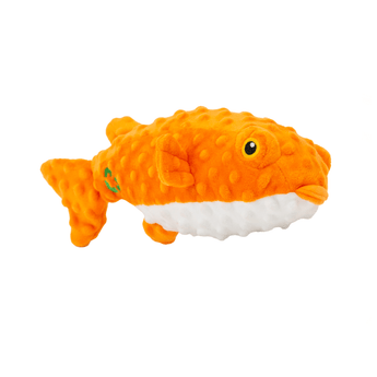 White background with an orange and white Ancol Made From Puffer Fish dog toy.