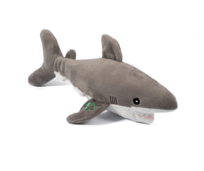 White background with an grey and white Ancol Made From Shark dog toy.