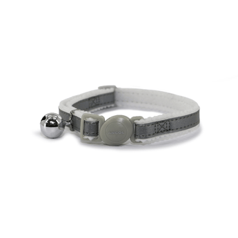 White background with a Ancol reflective silver cat collar with a plastic safety buckle and a silver bell pictured.