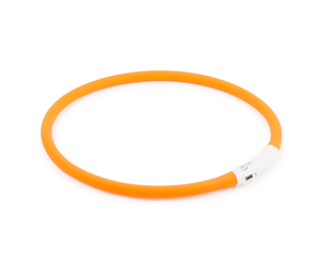 White background with a hoop LED dog collars in orange with a white control panel.