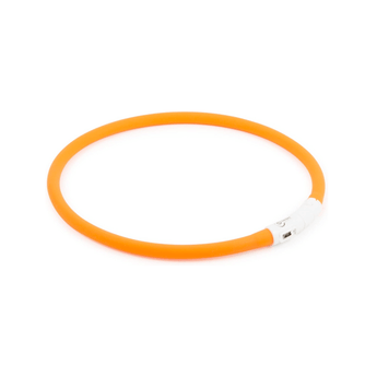 White background with a hoop LED dog collars in orange with a white control panel.