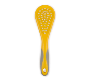 White background with a small Ancol yellow brush with white bristles and grey grips on the handle for rabbits.