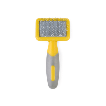 White background with a small animal Ancol yellow slicker brush with white tipped metal bristles and grey grips on the handle.