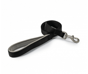 White background with a black Ancol Padded lead with a metal clip on the end.