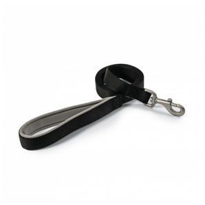 White background with a black Ancol Padded lead with a metal clip on the end.