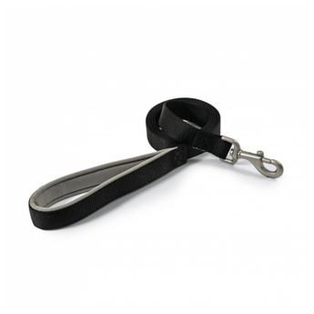 White background with a black Ancol Padded lead with a metal clip on the end.