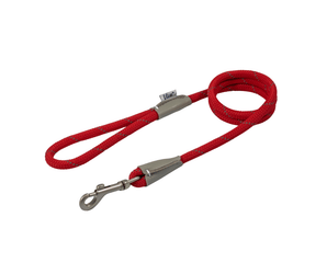 White background with a red 1.07 x 10mm Ancol Viva Reflective Lead with grey reflective thread strips.