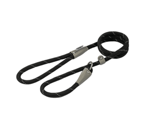 White background with a black 1.2mX10mm Ancol Viva Reflective Slip Lead with grey reflective thread strips.