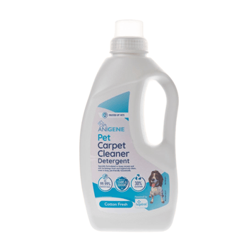 A bottle of ANIGENE Pet Carpet Cleaner Detergent with a blue and white label, shown on a plain white background.