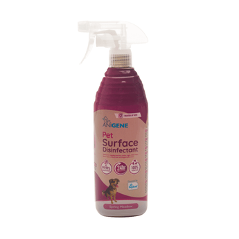Anigene Pet Surface Disinfectant in a 750ml spray bottle, featuring a pink and beige label with a dog illustration, on a white background.