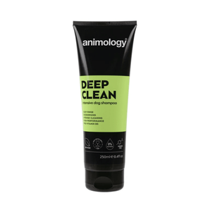 White background with a black and lime green bottle of Animology Deep Clean Shampoo. On the bottle is white text 'Animology Deep Clean, intensive dog shampoo'.