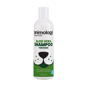 White background with a white and green 250ml bottle of Animology Essentials Aloe Vera Shampoo for Dogs. On the bottle is an illustrated muzzle with white text below 'Mild and gentle shampoo to clean, deodorise and condition.'