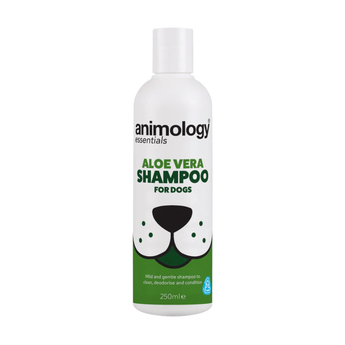 White background with a white and green 250ml bottle of Animology Essentials Aloe Vera Shampoo for Dogs. On the bottle is an illustrated muzzle with white text below 'Mild and gentle shampoo to clean, deodorise and condition.'