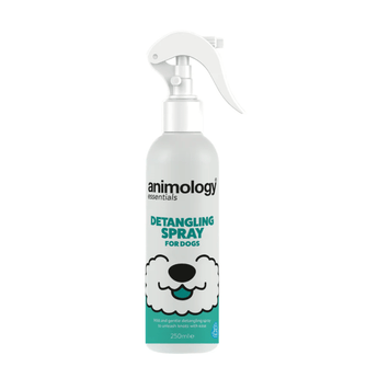 White background with a white and teal 250ml spray bottle of Animology Essentials Detangling Spray for Dogs. On the bottle is an illustrated muzzle with white text below 'Mild and gentle detangling spray to ease knots with ease.'