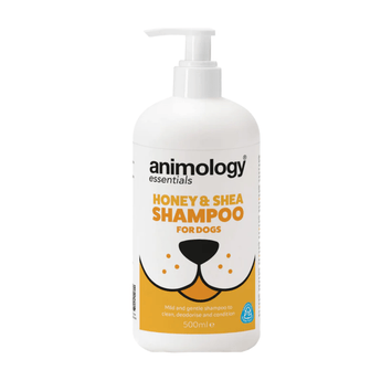 White background with a white and yellow 500ml bottle of Animology Essentials Honey & Shea Shampoo for Dogs. On the bottle is an illustrated muzzle with white text below 'Mild and gentle shampoo to clean, deodorise and condition.'