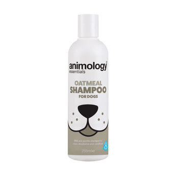White background with a white and beige 250ml bottle of Animology Essentials Oatmeal Shampoo for Dogs. On the bottle is an illustrated muzzle with white text below 'Mild and gentle shampoo to clean, deodorise and condition.'