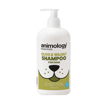 White background with a white and olive green 500ml bottle of Animology Essentials Olive and Walnut Shampoo for Dogs. On the bottle is an illustrated muzzle with white text below 'Mild and gentle shampoo to clean, deodorise and condition.'