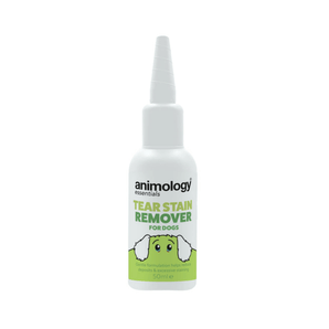 White background with a white and lime green 50ml spray bottle of Animology Essentials Tear Stain Remover for Dogs. On the bottle is an illustrated dog ears and eyes with white text below 'Gentle formulation helps reduce deposits & excessive staining'.