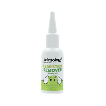 White background with a white and lime green 50ml spray bottle of Animology Essentials Tear Stain Remover for Dogs. On the bottle is an illustrated dog ears and eyes with white text below 'Gentle formulation helps reduce deposits & excessive staining'.