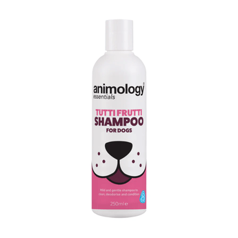 White background with a white and pink 250ml bottle of Animology Essentials Tutti Frutti Shampoo for Dogs. On the bottle is an illustrated muzzle with white text below 'Mild and gentle shampoo to clean, deodorise and condition.'