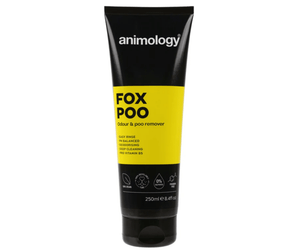 White background with a black and yellow bottle of Animology Fox Poo Shampoo. On the bottle is white text 'Animology Fox Poo, Odour & poo remover'.