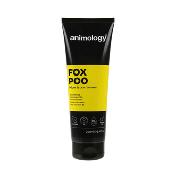 White background with a black and yellow bottle of Animology Fox Poo Shampoo. On the bottle is white text 'Animology Fox Poo, Odour & poo remover'.