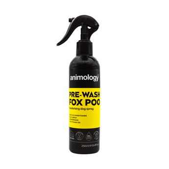 White background with a black and yellow spray bottle of Animology Pre-Wash Fox Poo. On the bottle is black text 'Animology Pre-wash Fox Poo, Deodorising dog spray'.