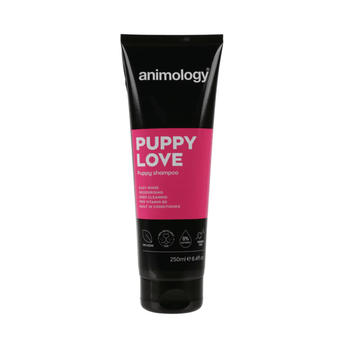 White background with a black and pink bottle of Animology Puppy Love Shampoo. On the bottle is white text 'Animology Puppy Love, Puppy shampoo'.